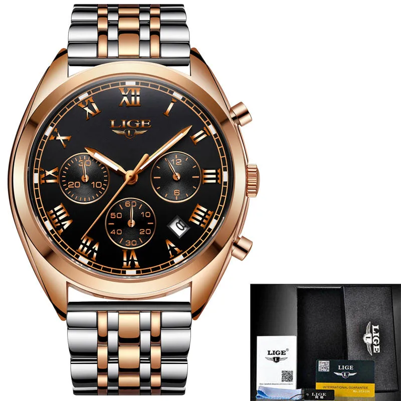 2023 Lige Watches Men Luxury Watch For Men Waterproof Chronograph Quartz Fashion Leather Wristwatch 