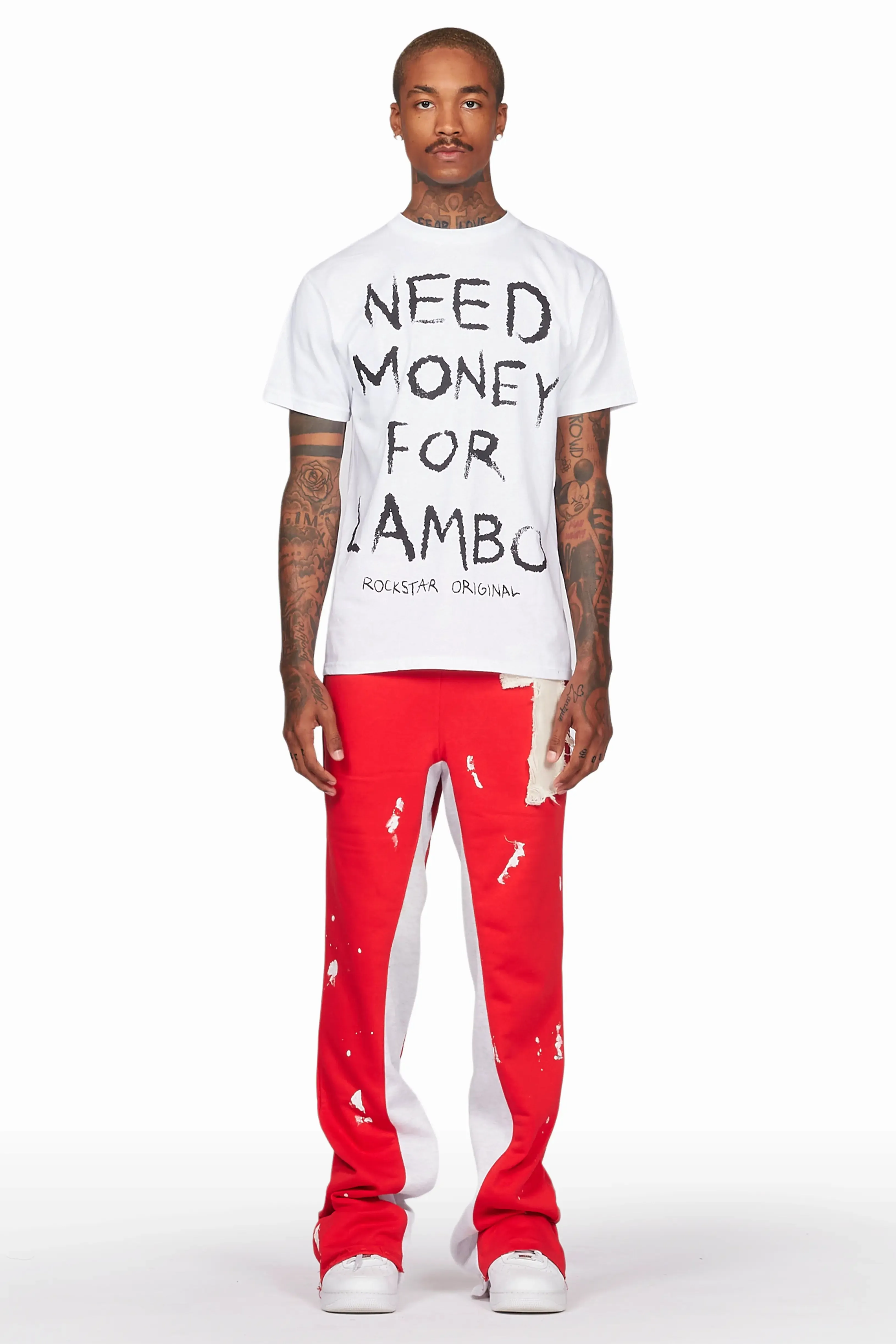 Baback Red Patchwork Stacked Baggy Flare Pants