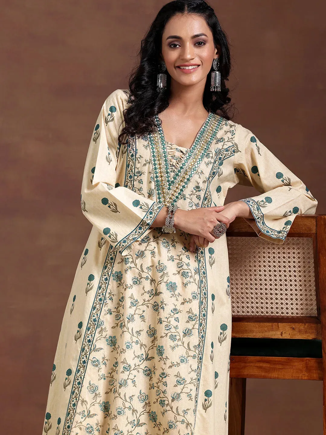 Beige Printed Cotton A-Line Kurta With Palazzos