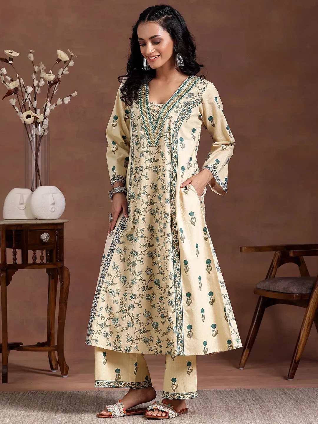 Beige Printed Cotton A-Line Kurta With Palazzos