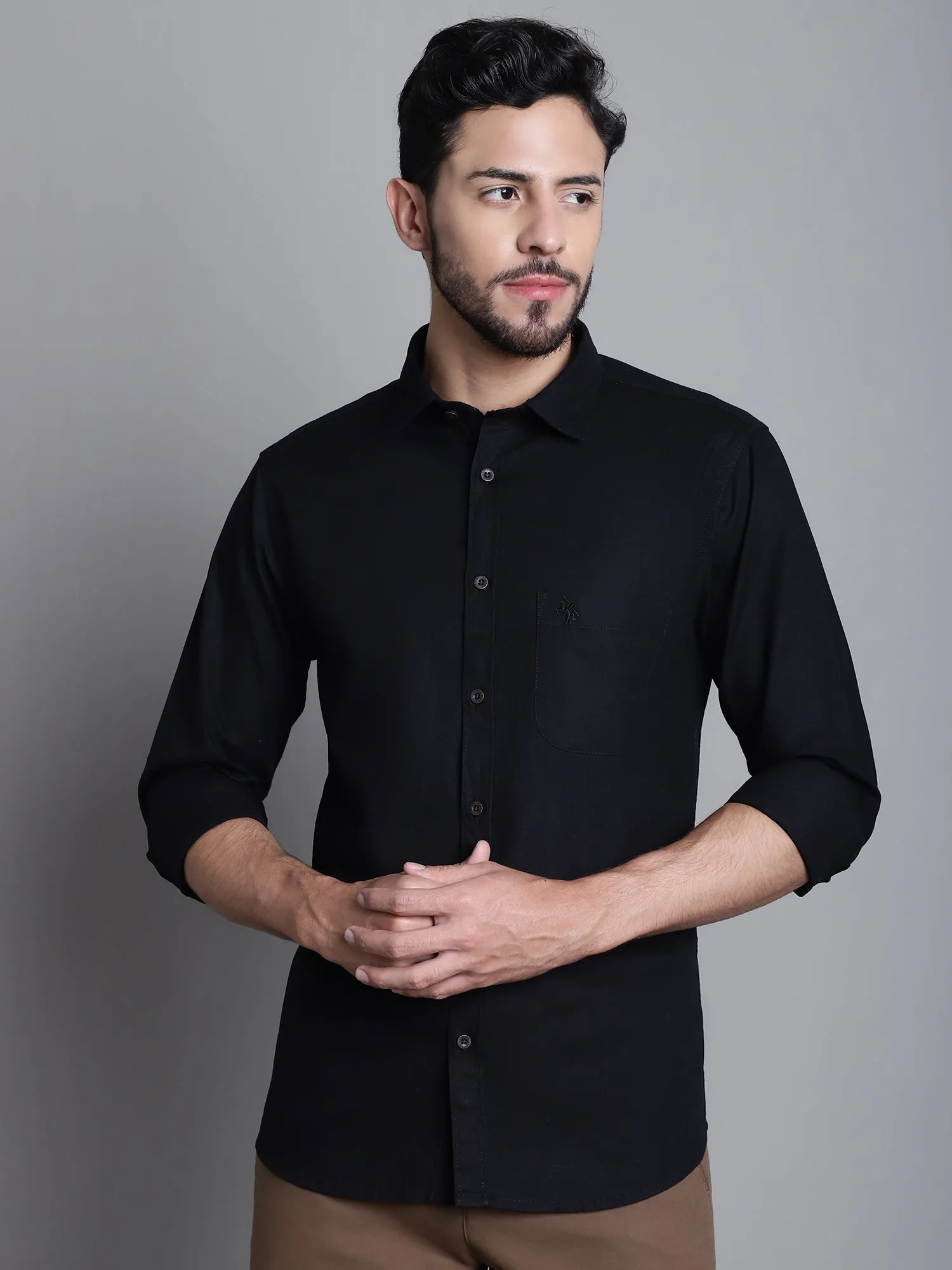 Cantabil Cotton Black Self Design Full Sleeve Regular Fit Casual Shirt for Men with Pocket