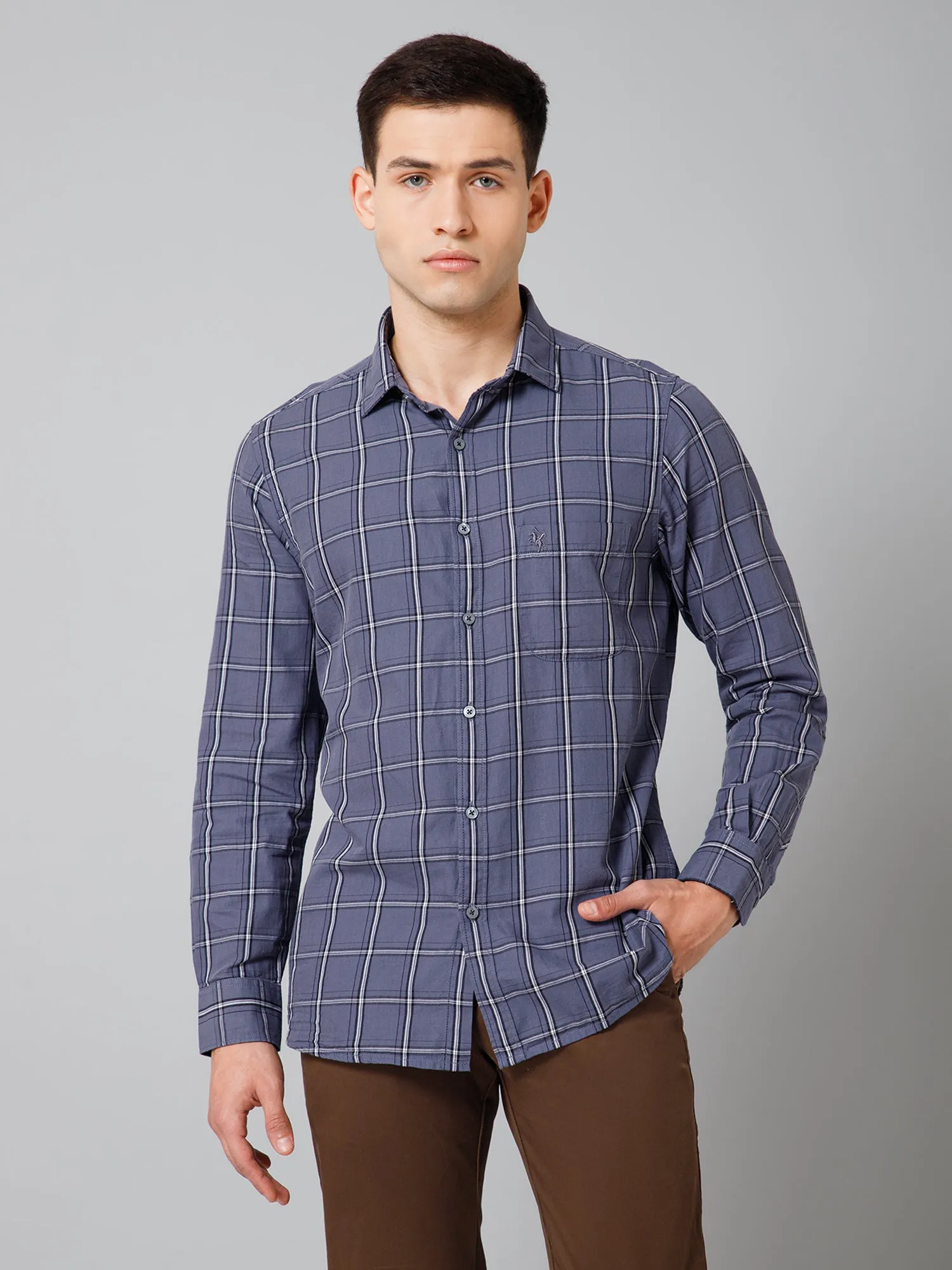 Cantabil Cotton Checkered Full Sleeve Regular Fit Grey Casual Shirt for Men with Pocket