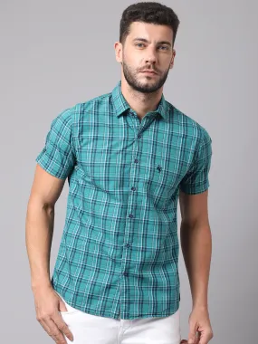 Cantabil Cotton Checkered Green Half Sleeve Regular Fit Casual Shirt for Men with Pocket