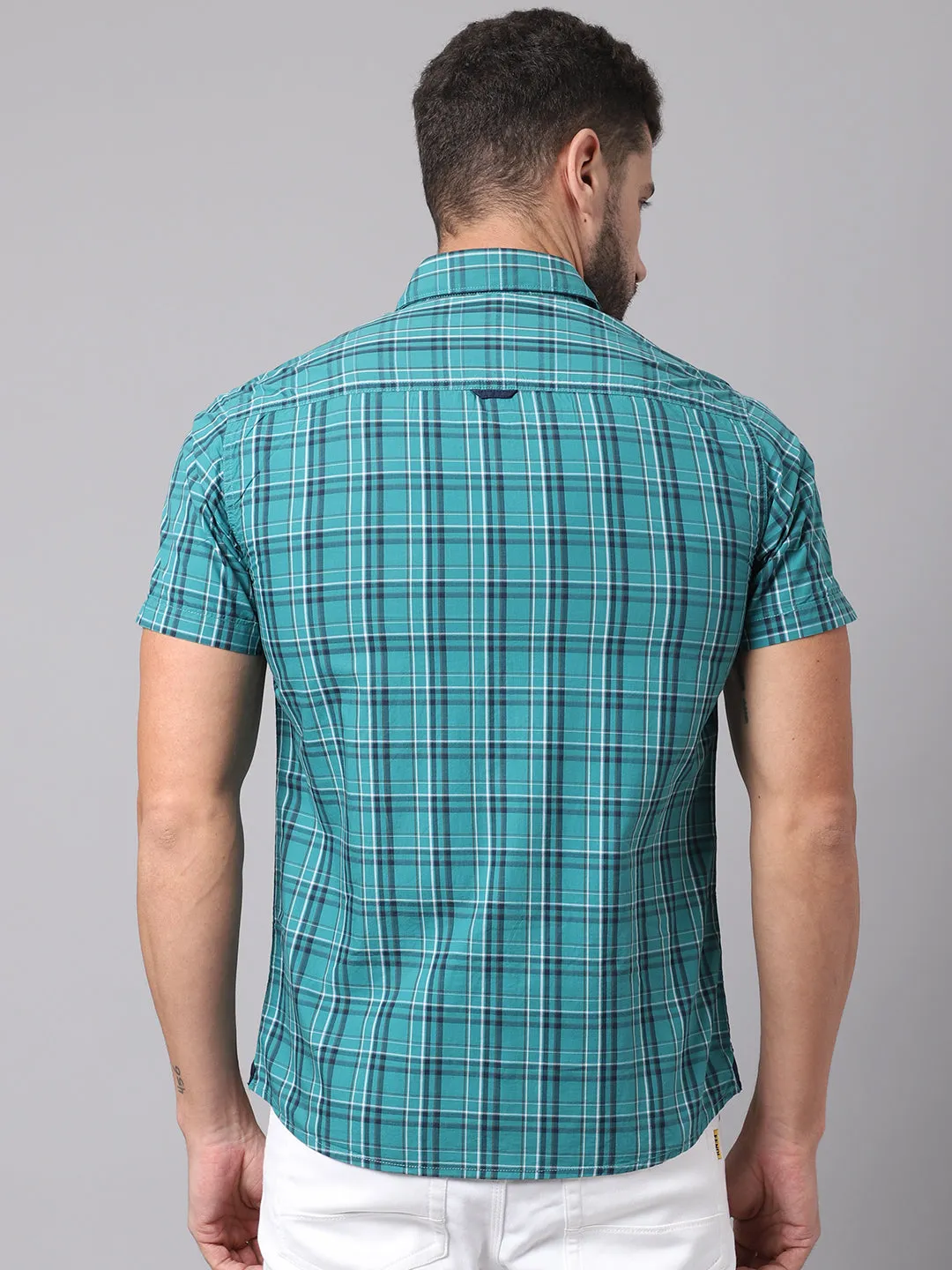 Cantabil Cotton Checkered Green Half Sleeve Regular Fit Casual Shirt for Men with Pocket