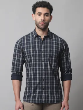 Cantabil Cotton Checkered Navy Blue Full Sleeve Casual Shirt for Men with Pocket