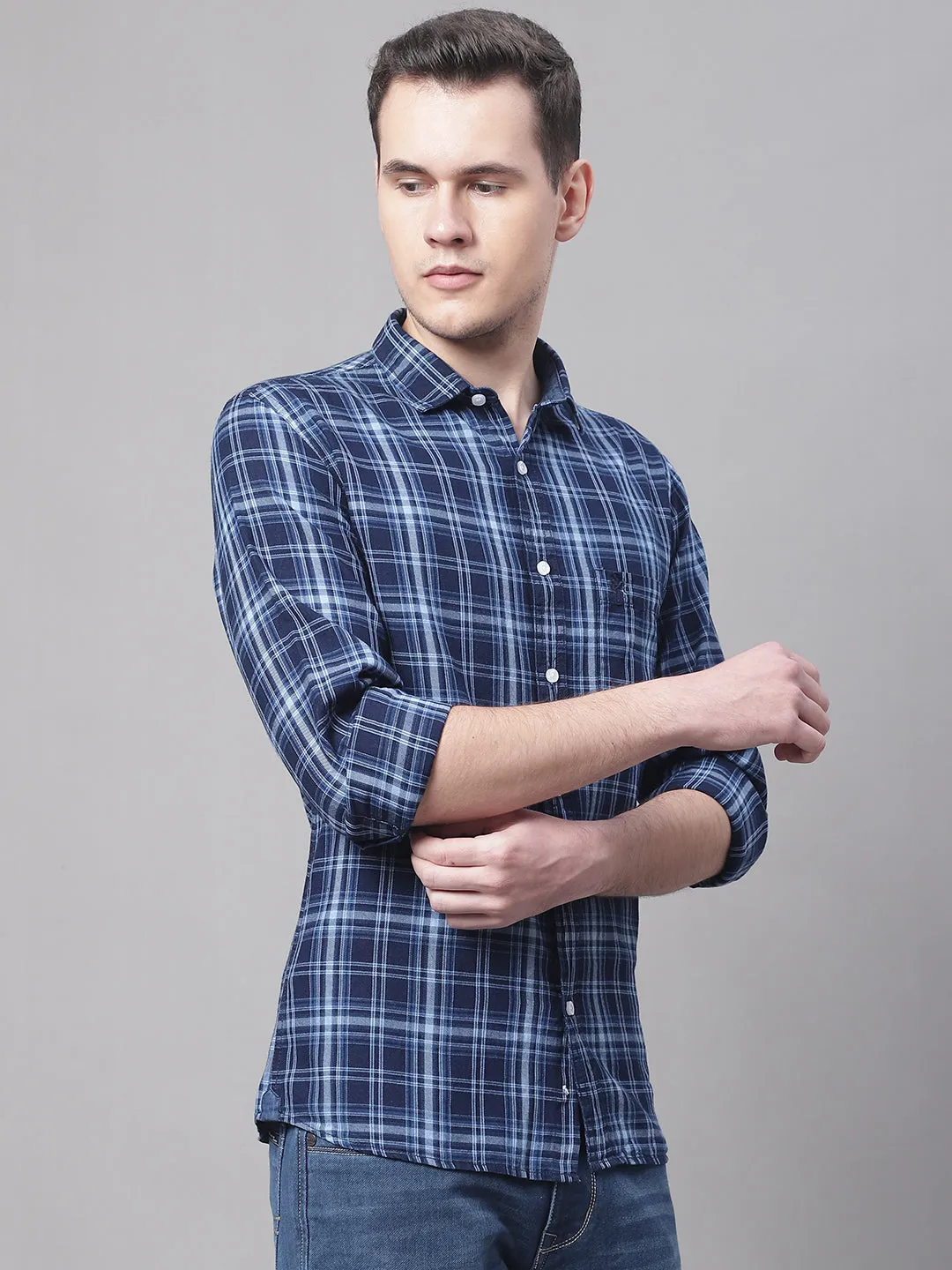 Cantabil Cotton Checkered Navy Blue Full Sleeve Casual Shirt for Men with Pocket