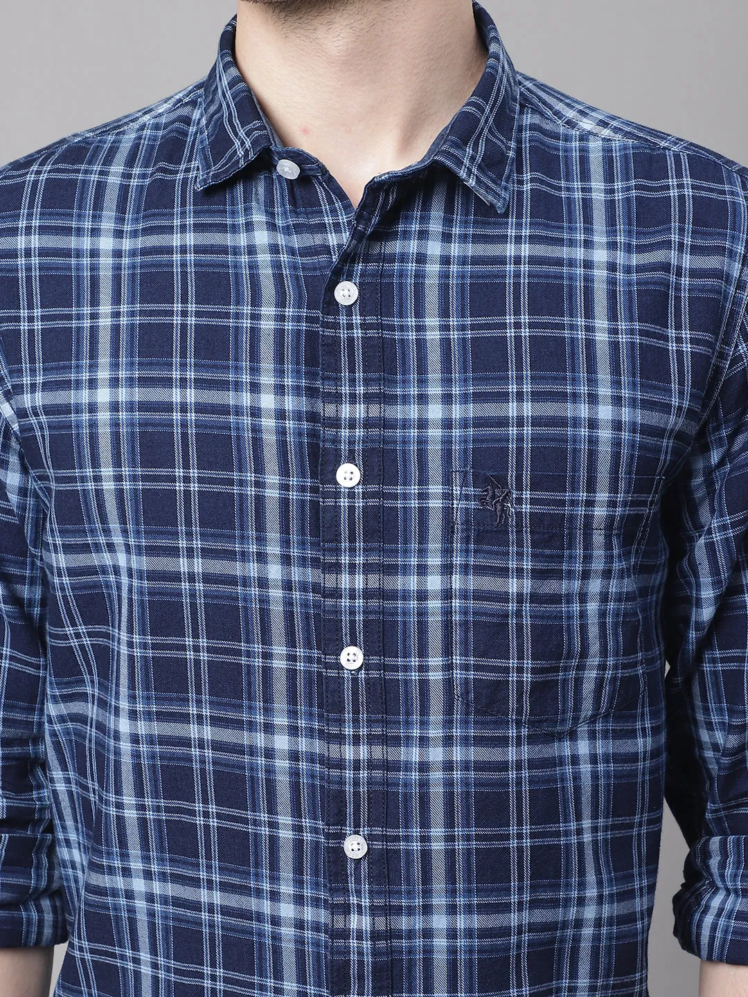 Cantabil Cotton Checkered Navy Blue Full Sleeve Casual Shirt for Men with Pocket