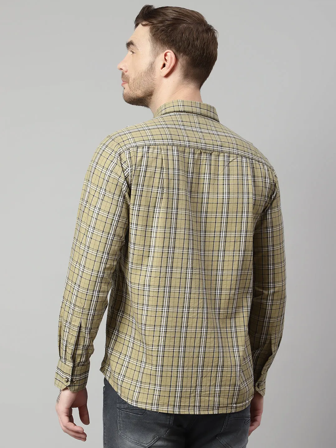 Cantabil Cotton Checkered Olive Full Sleeve Casual Shirt for Men with Pocket