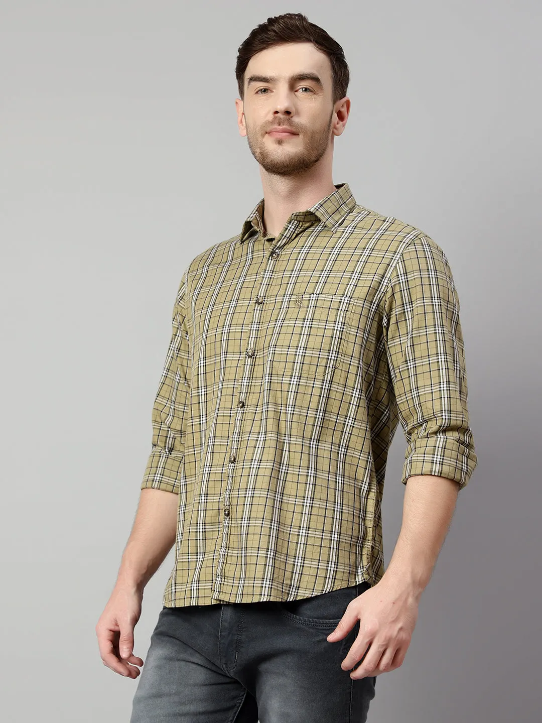 Cantabil Cotton Checkered Olive Full Sleeve Casual Shirt for Men with Pocket