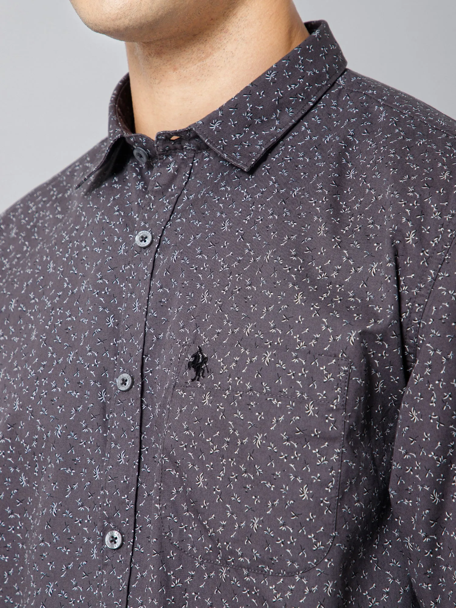 Cantabil Cotton Floral Printed Full Sleeve Regular Fit Dark Grey Casual Shirt for Men with Pocket