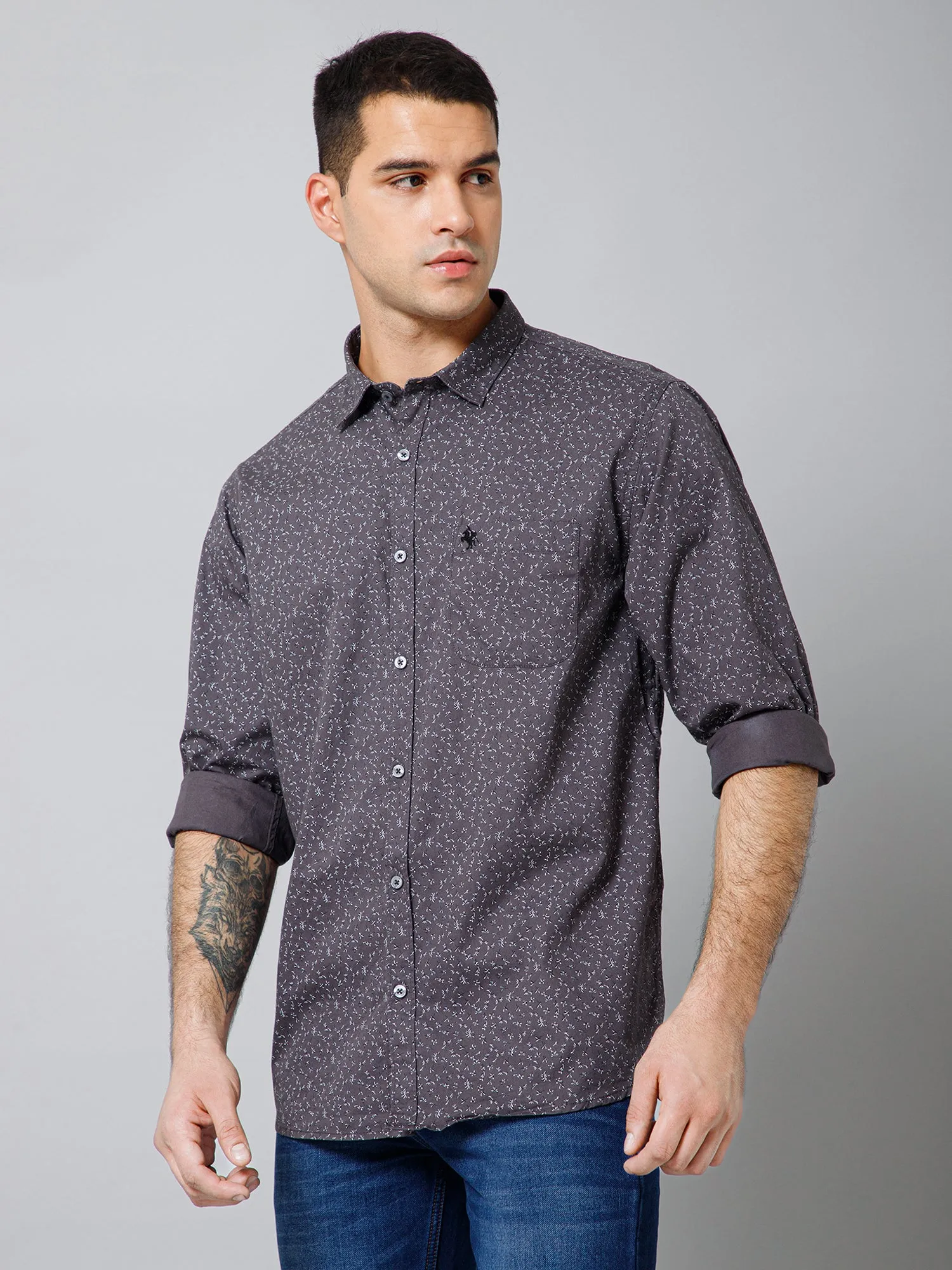 Cantabil Cotton Floral Printed Full Sleeve Regular Fit Dark Grey Casual Shirt for Men with Pocket