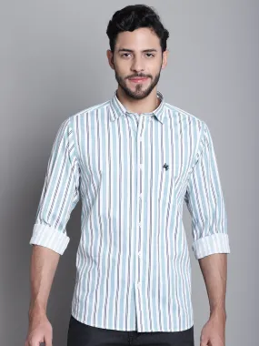 Cantabil Cotton Green Striped Full Sleeve Regular Fit Casual Shirt for Men with Pocket