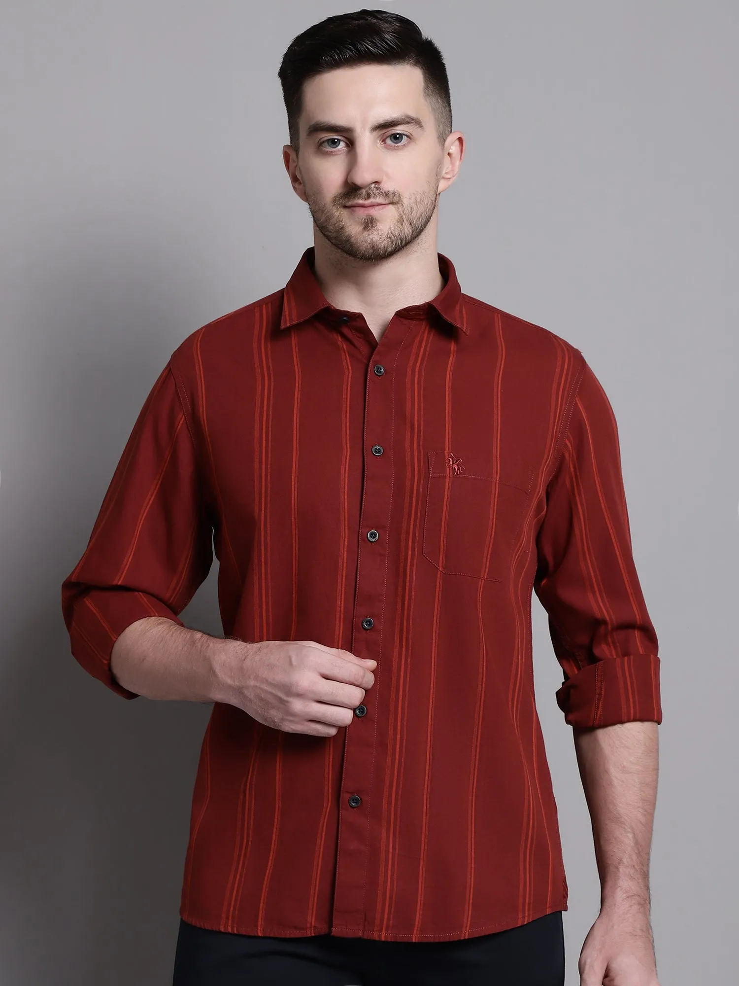 Cantabil Cotton Maroon Striped Full Sleeve Regular Fit Casual Shirt for Men with Pocket