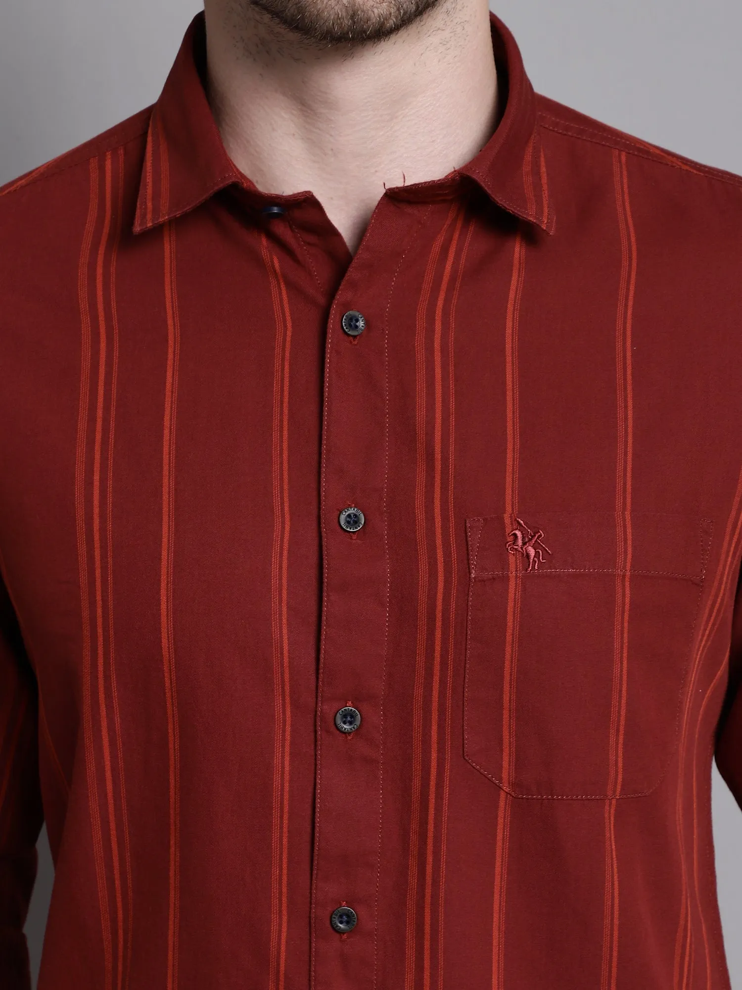 Cantabil Cotton Maroon Striped Full Sleeve Regular Fit Casual Shirt for Men with Pocket