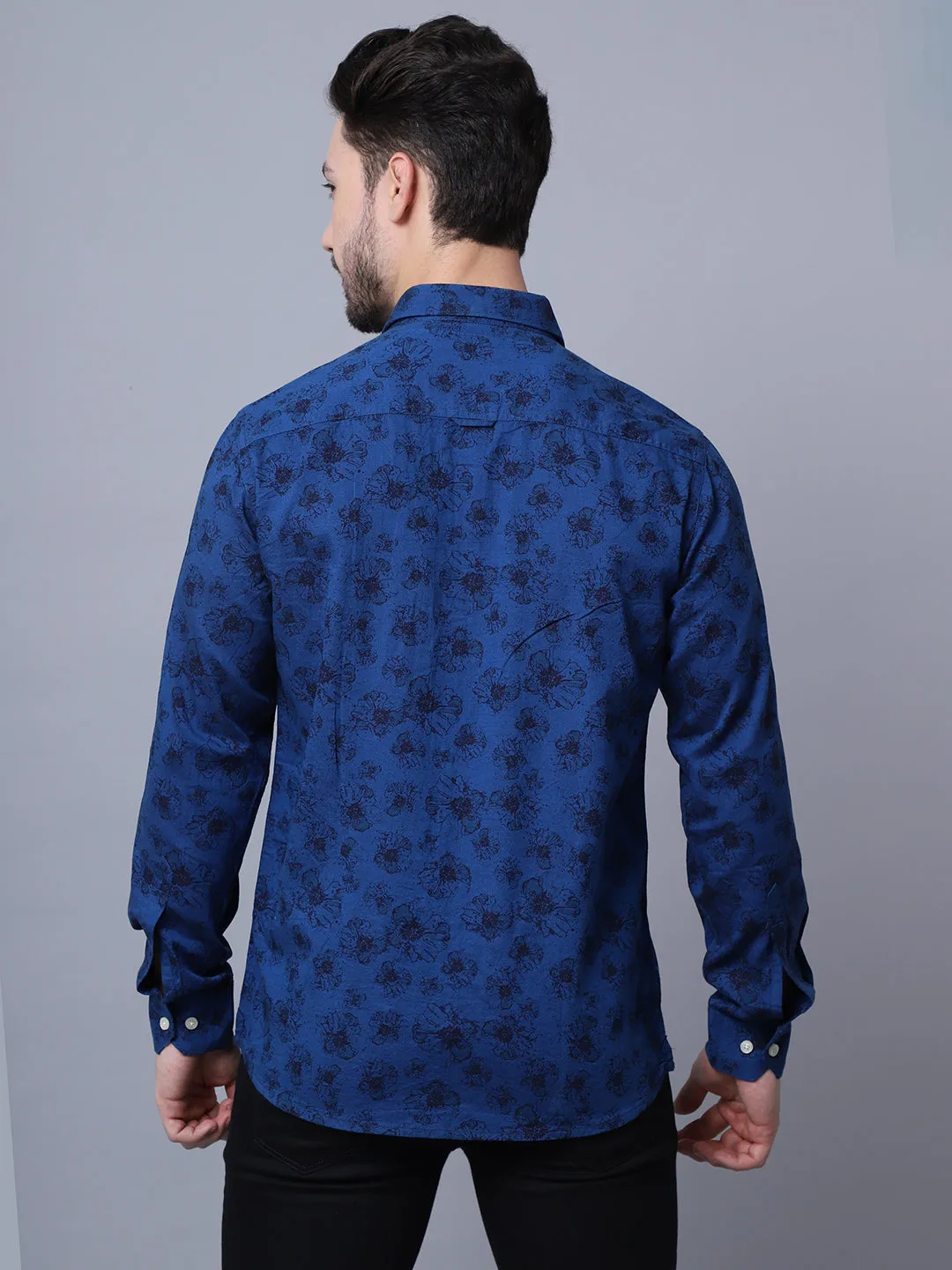 Cantabil Cotton Printed Blue Full Sleeve Regular Fit Casual Shirt for Men with Pocket