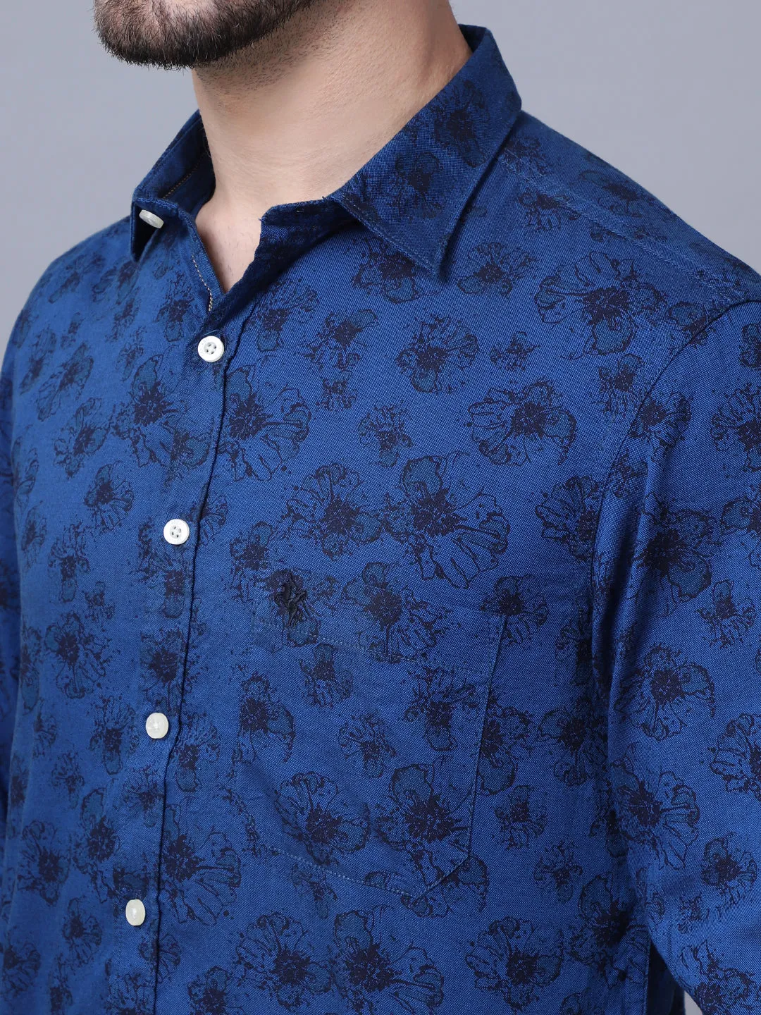 Cantabil Cotton Printed Blue Full Sleeve Regular Fit Casual Shirt for Men with Pocket