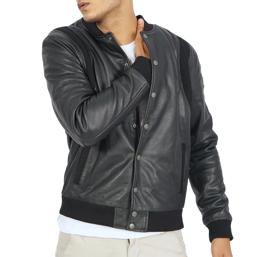 Charlie Black Leather Bomber Jacket