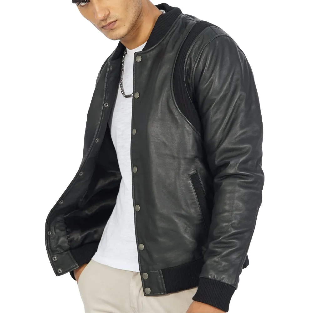 Charlie Black Leather Bomber Jacket