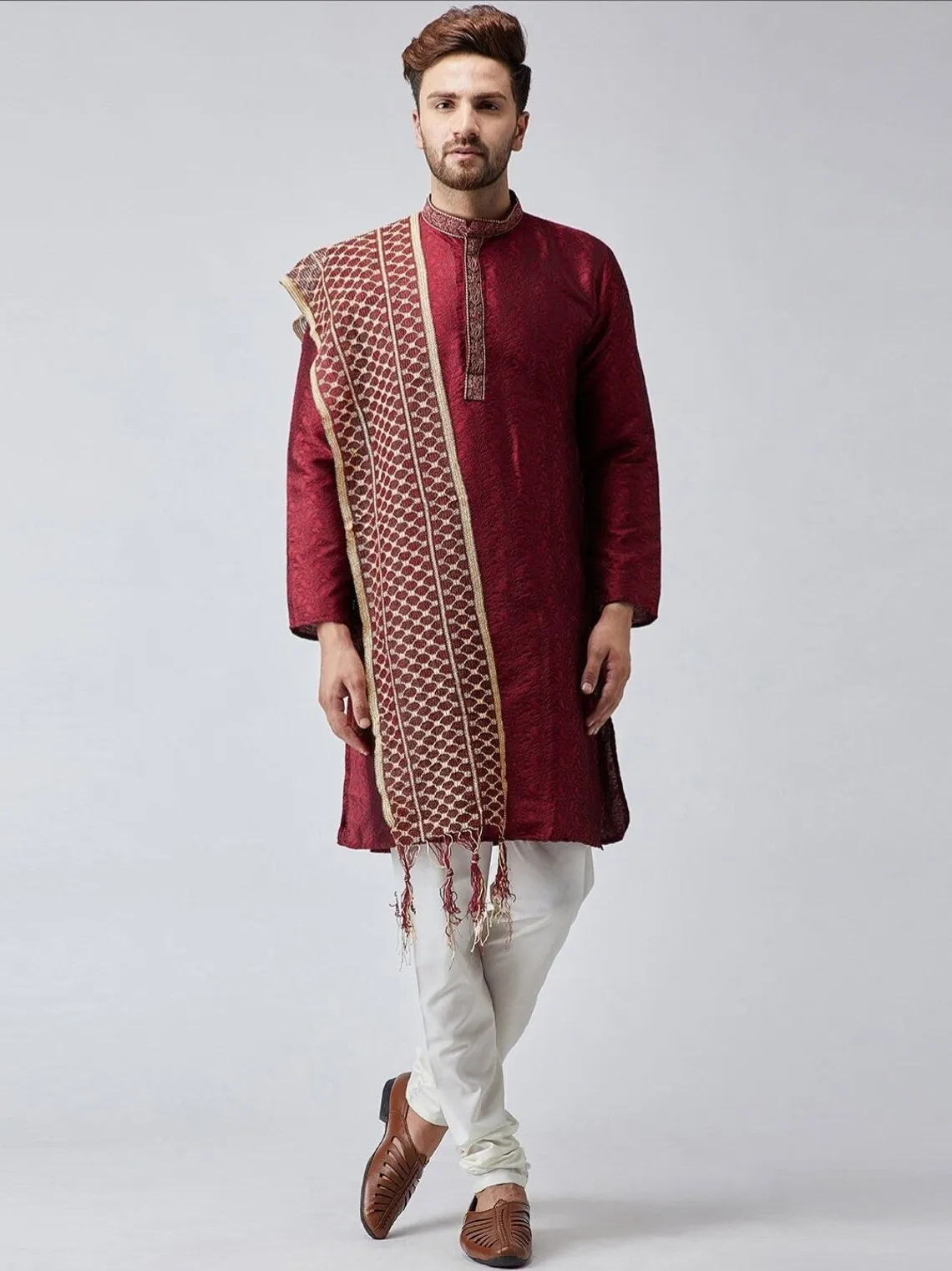 Dupatta Stole for Men- Maroon/Gold