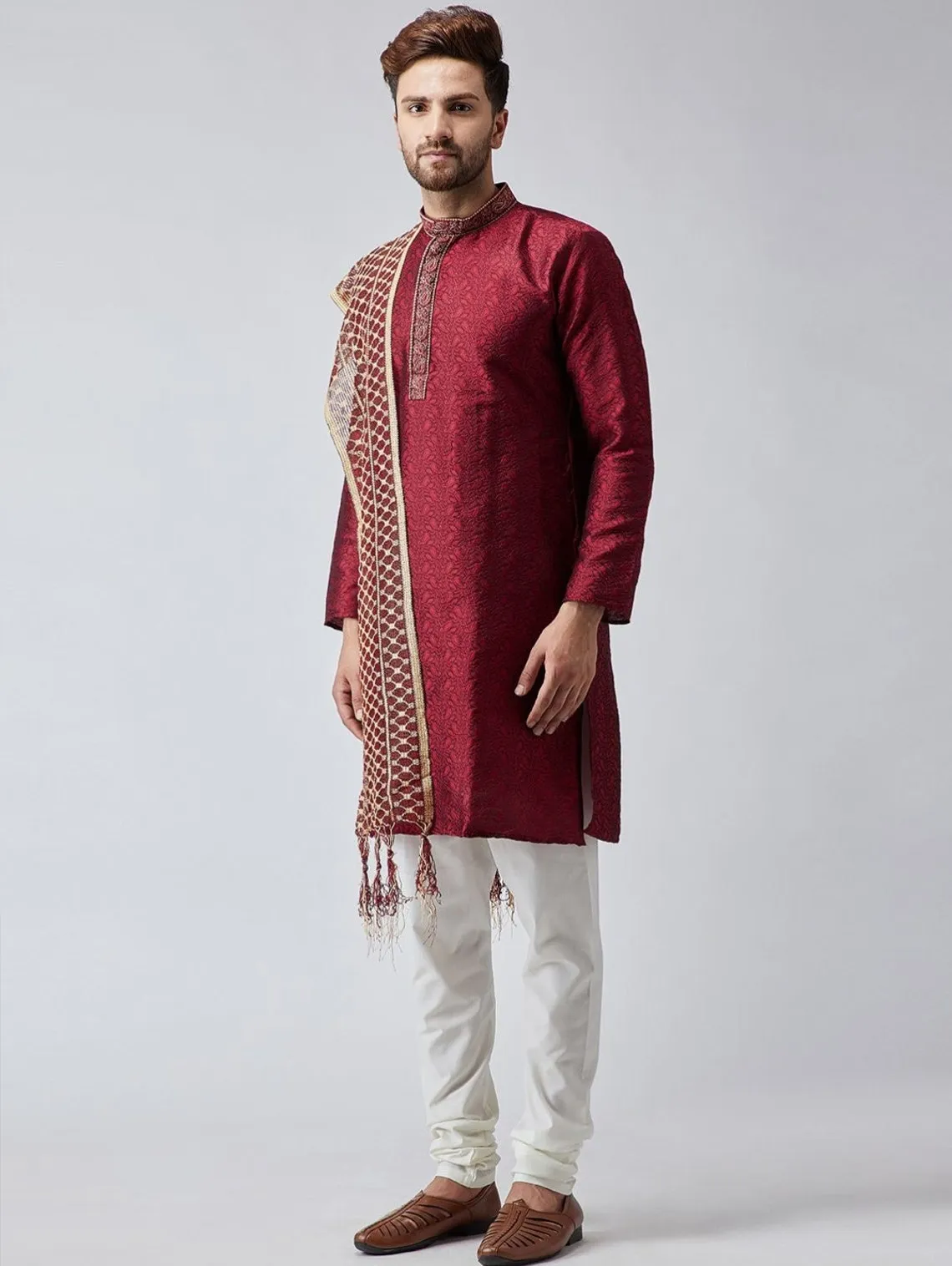 Dupatta Stole for Men- Maroon/Gold