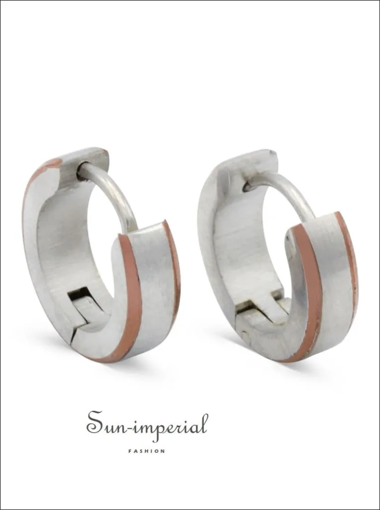 Huggie Hoop Earrings Stainless Steel With Deep Rose Gold Stripes