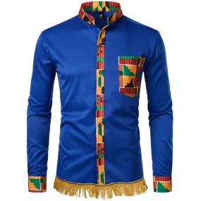 Kente Print Patchwork Long Sleeve Shirt with Fringes