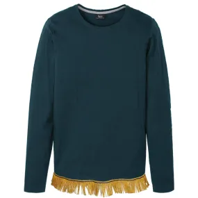 Long Sleeve Crew Neck T-Shirt with Fringes