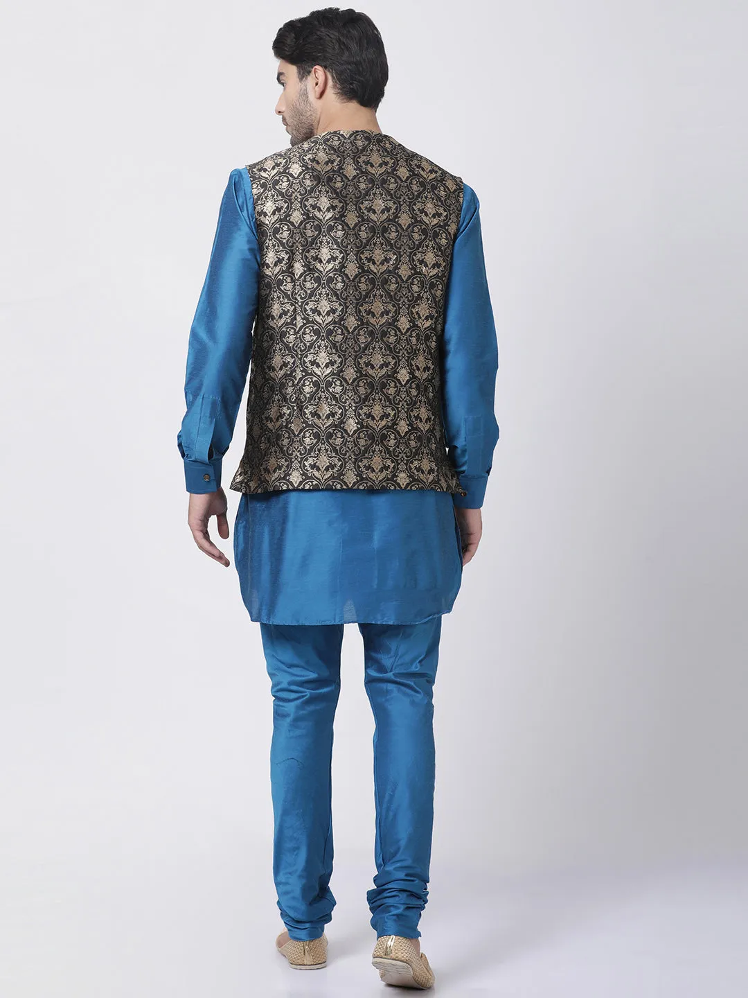 Men's Firozi Blue Cotton Silk Blend Kurta, Ethnic Jacket With Churidar pajama  Set