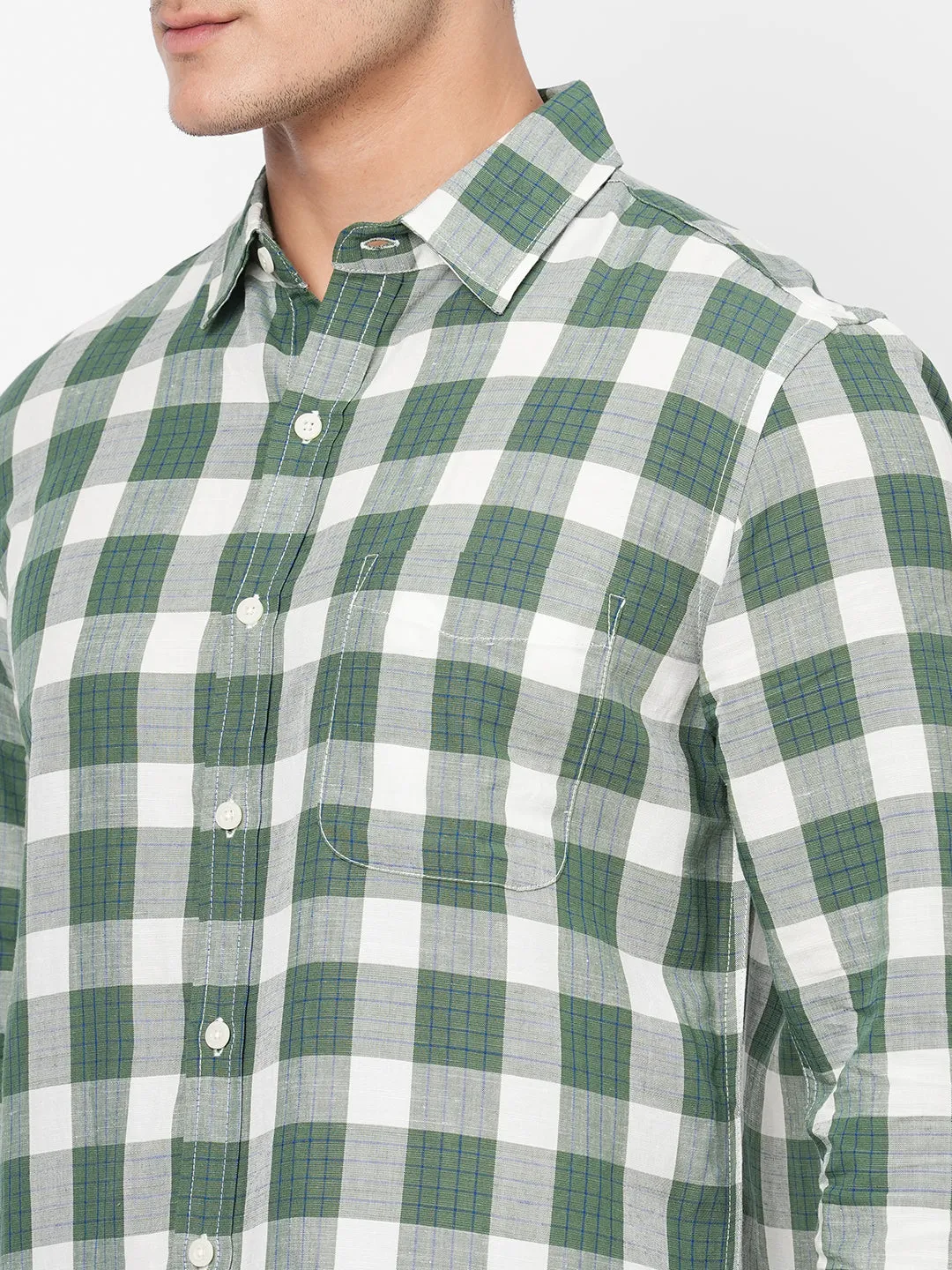 Men's Green Linen Viscose Regular Fit Checked Shirt