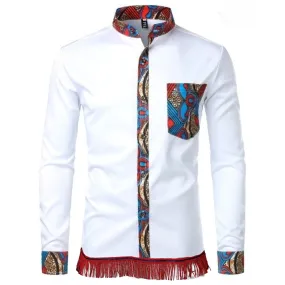 Paisley Print Patchwork Long Sleeve Shirt with Fringes