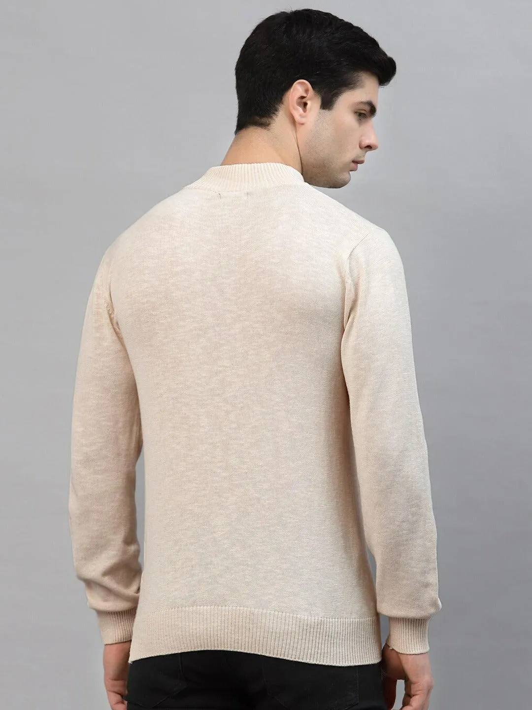 Style Quotient Men Solid Beige Knitted Regular Sweatshirt